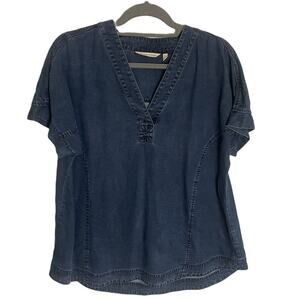 Soft Surroundings Tencel Lyocell Denim Blue V-Neck Top Short Sleeve Size L